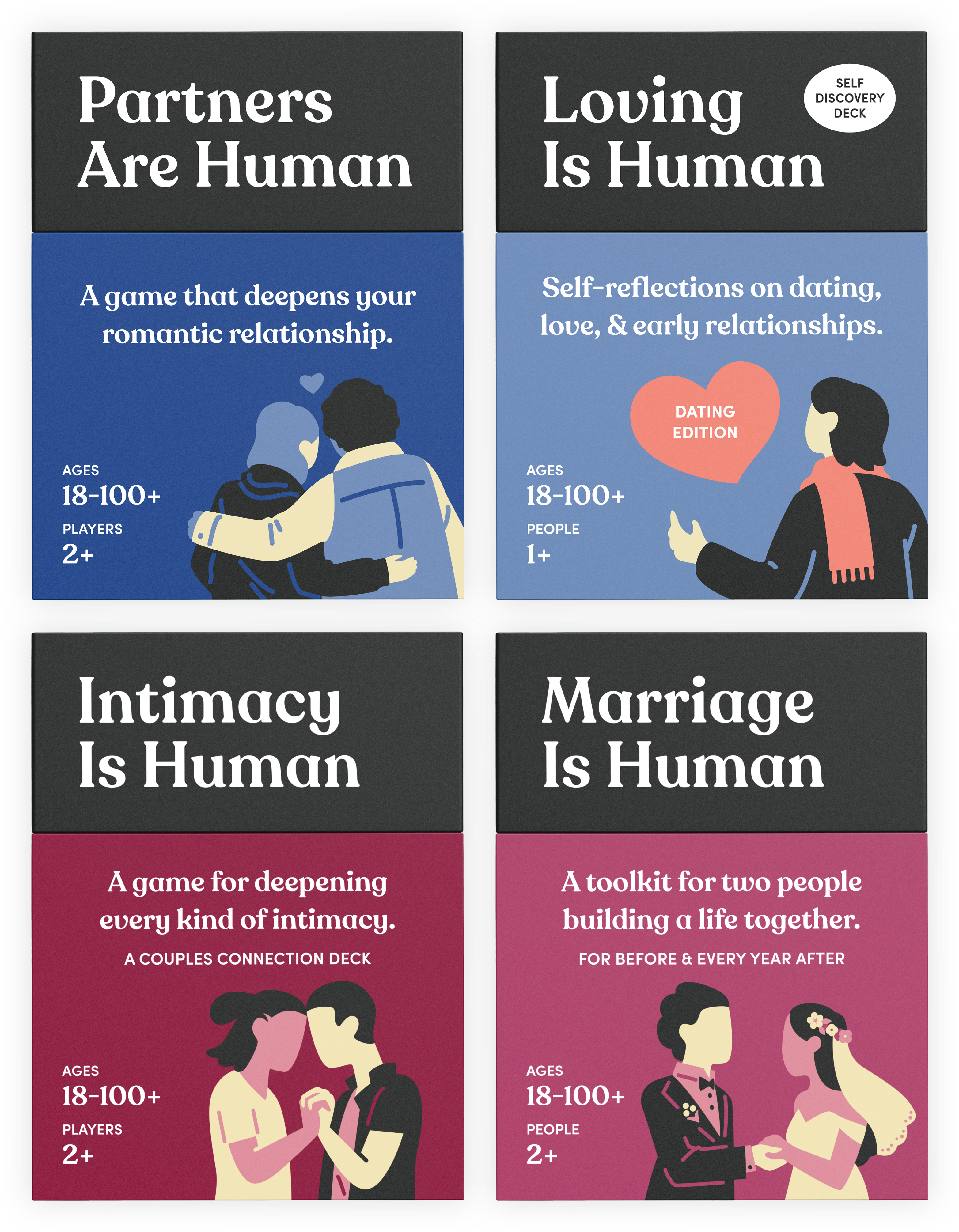 Four card games designed to deepen various personal relationships.