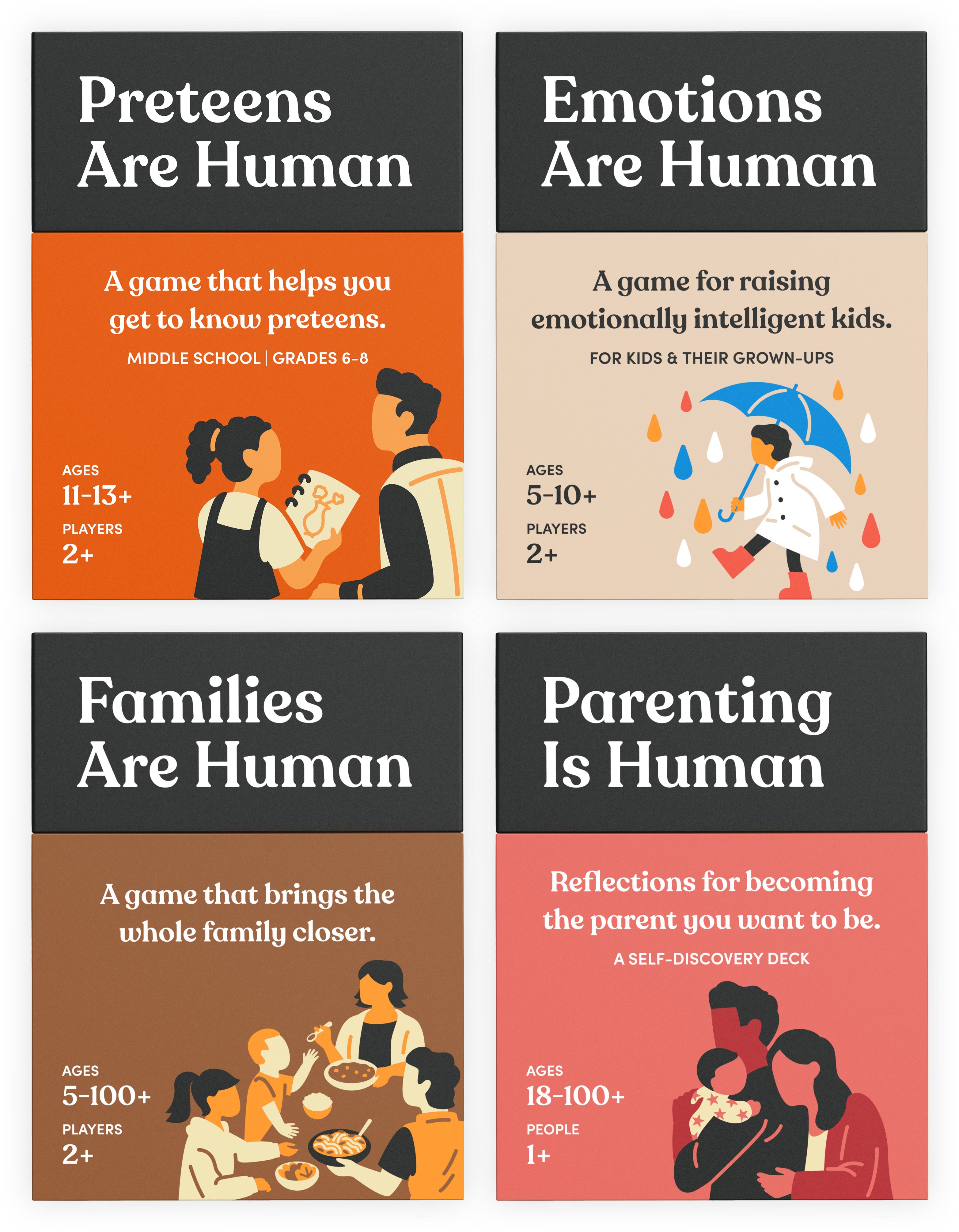 Four card games designed to deepen various personal relationships.