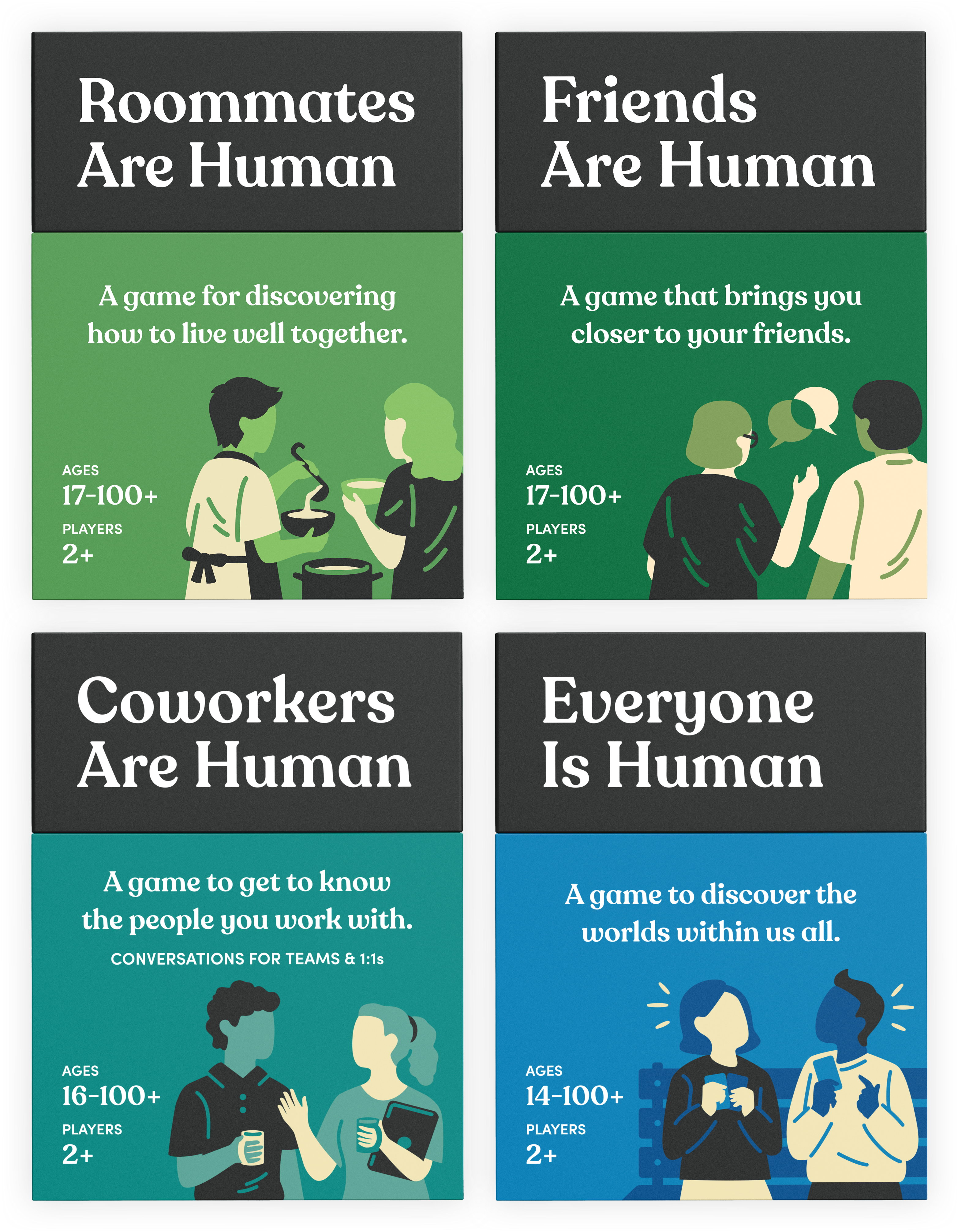 Four card games designed to deepen various personal relationships.