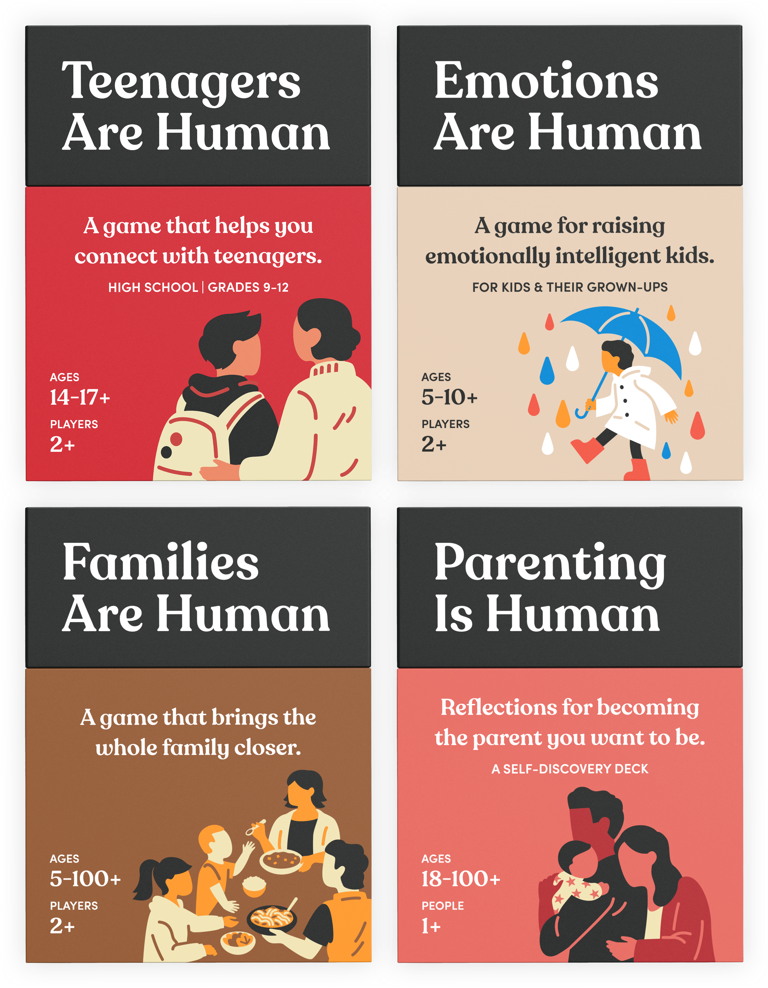 Four card games designed to deepen various personal relationships.