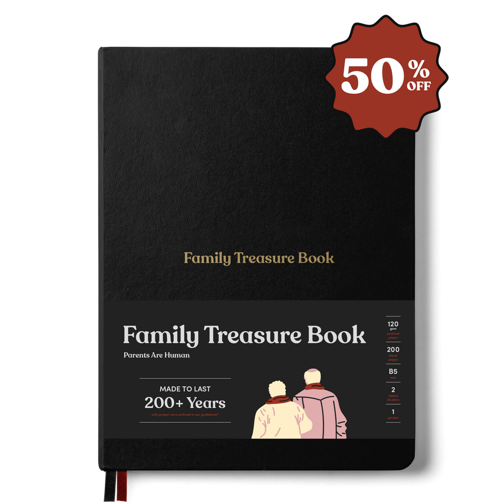 Family Treasure Book, a black hardcover book, with a “50% OFF” badge and its paper and binding specs listed