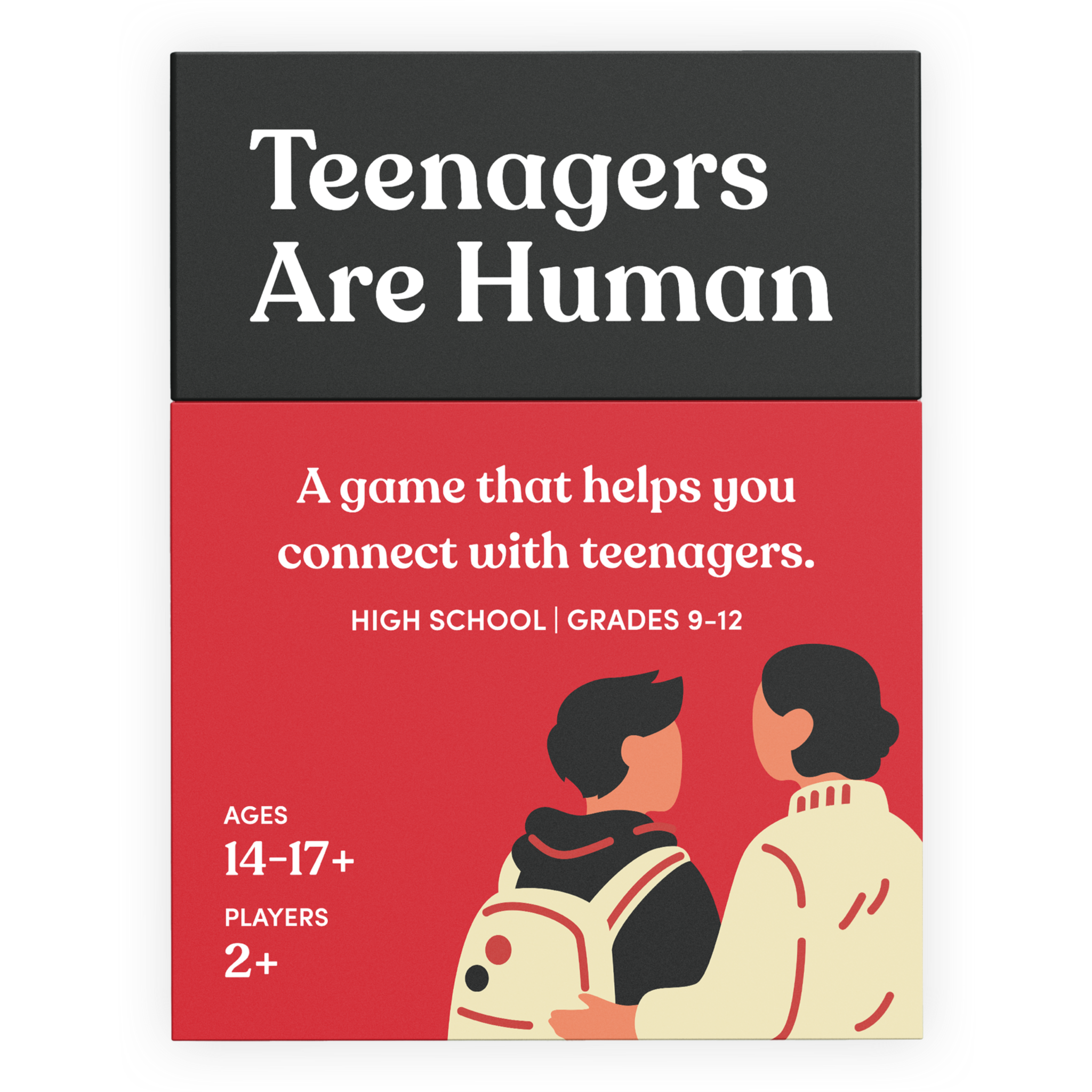 Card game box titled 'Teenagers Are Human' for ages 14+, 2+ players.