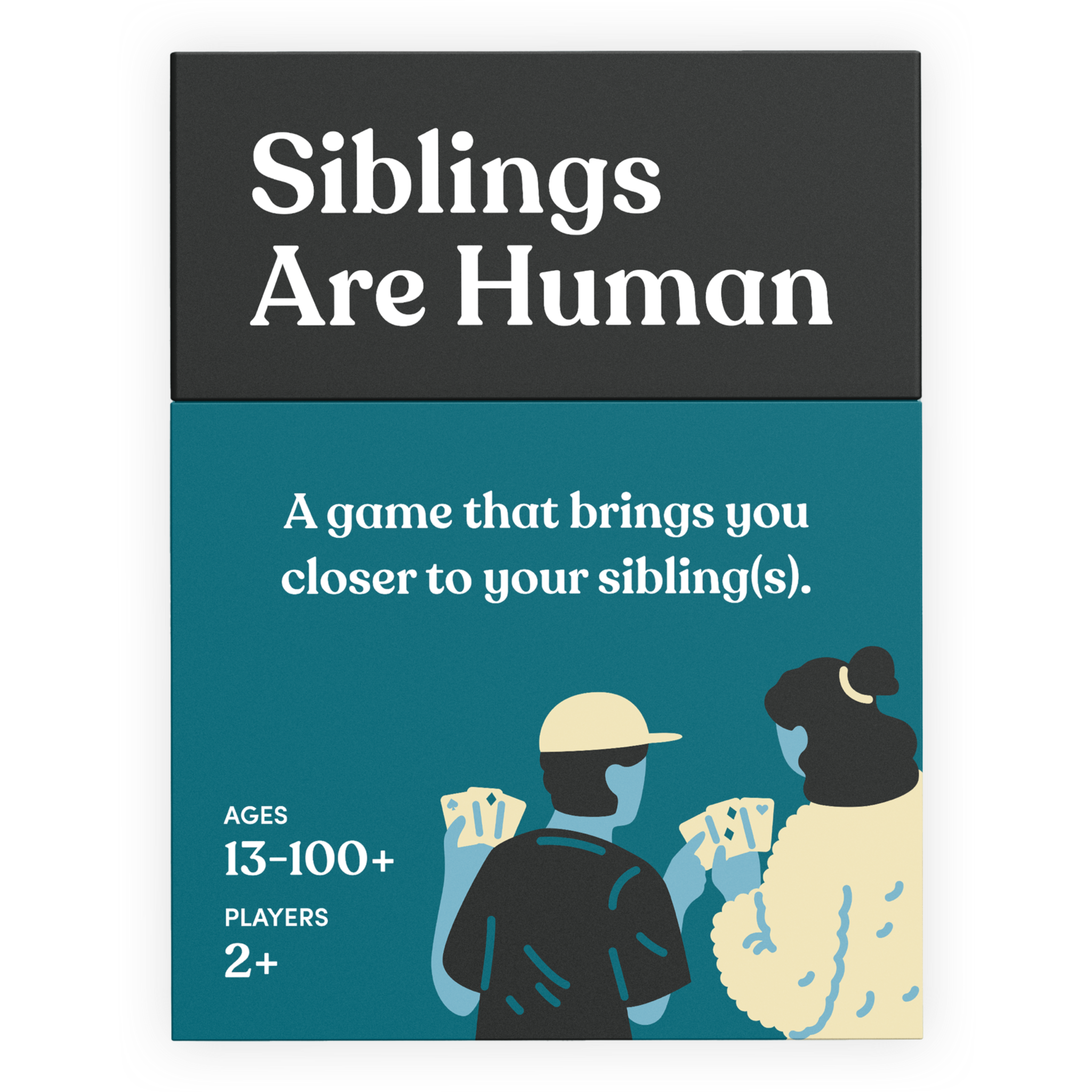 Card game box titled 'Siblings Are Human' for ages 13 and up, 2+ players.