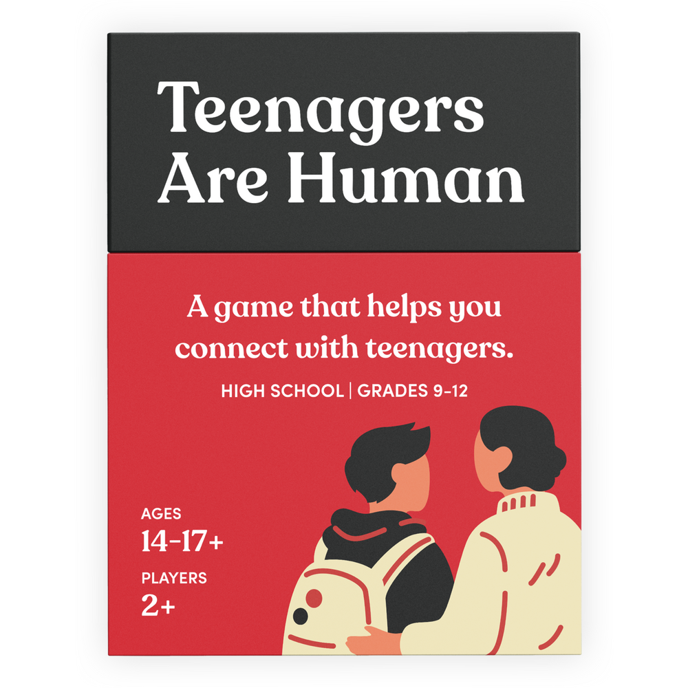 Teenagers Are Human box in red and black, with an illustration of a mother and her teenage son